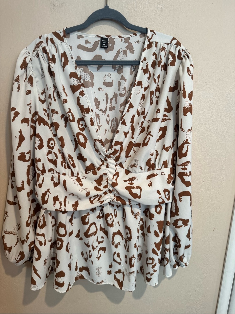 SHEIN Cream Blouse with Brown Leopard Print Faux Tie-Front